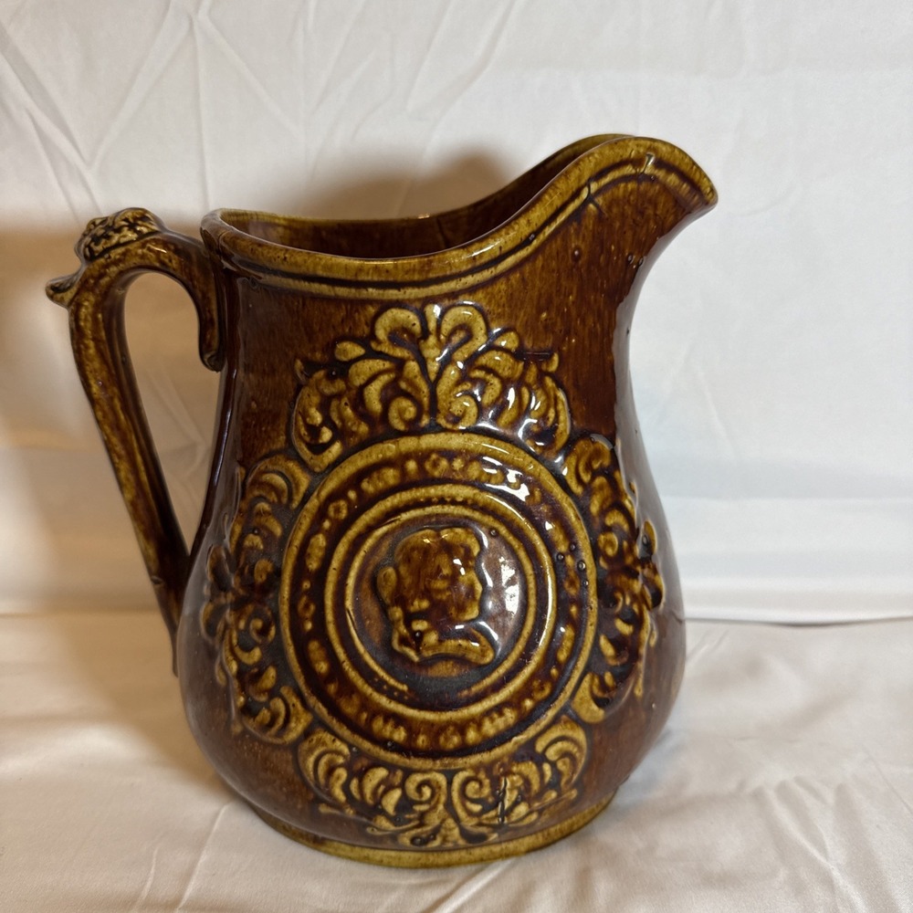Bennington Rockingham Glaze Dolly Madison Cameo Yelloware Pitcher 10.5" Antique